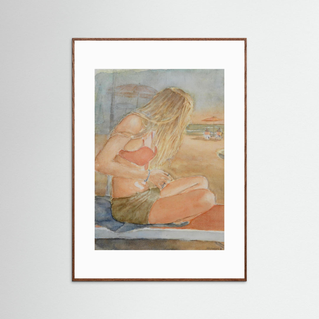 Sundown Serene Beach Watercolor Art Print - Framed Options