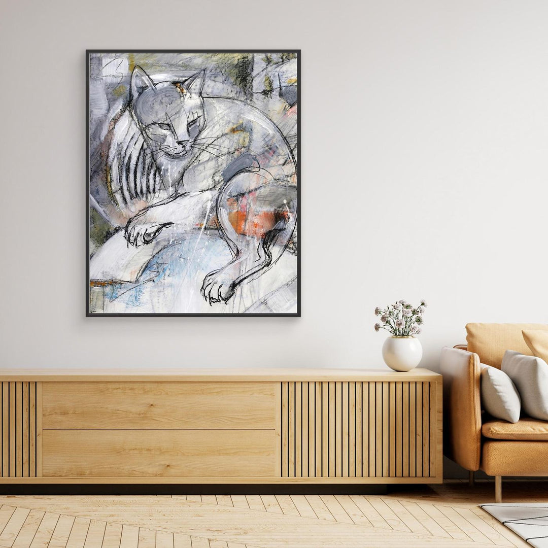 Modern Expressionist Grey Cat Sketch Wall Art Print - Canvas Framed Options