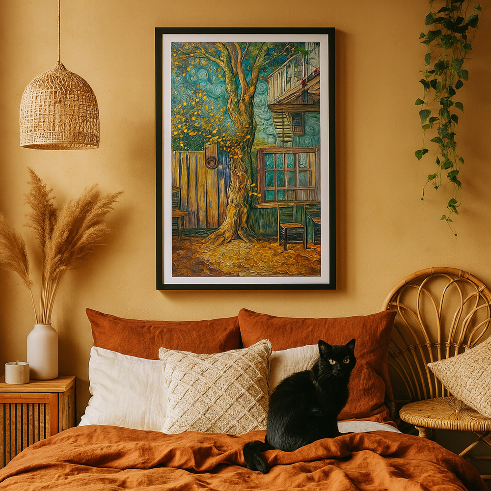 Boho chic cottagecore bedroom with framed art and cute black cat
