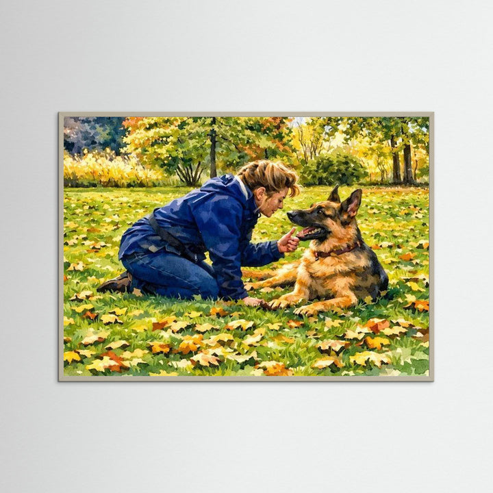 Autumn Moment with Beloved German Shepherd - Fine Art Framed Options