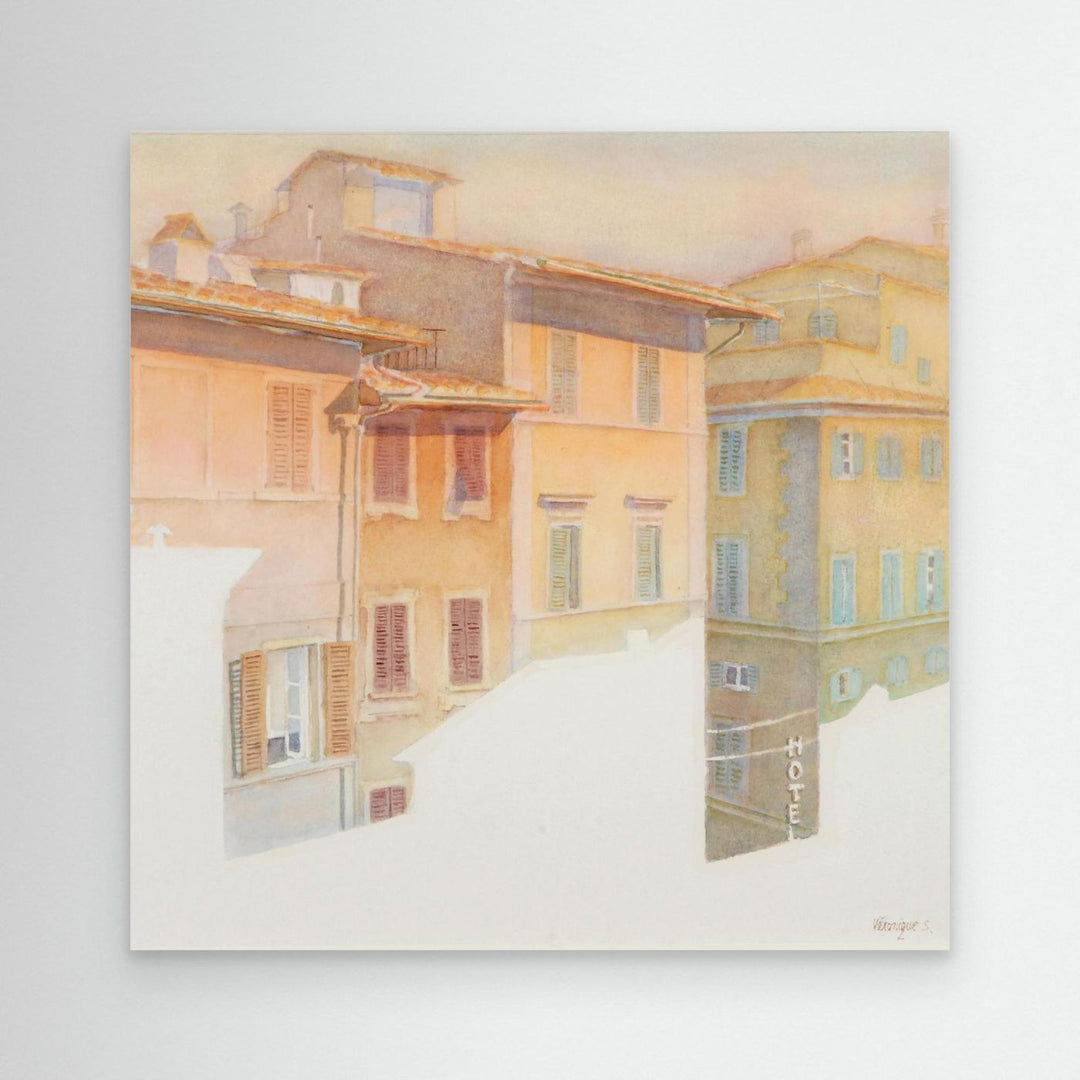 "Morning Light in Florence" Charming European Sunrise Watercolor Art Print - Large Format Canvas Framed Options