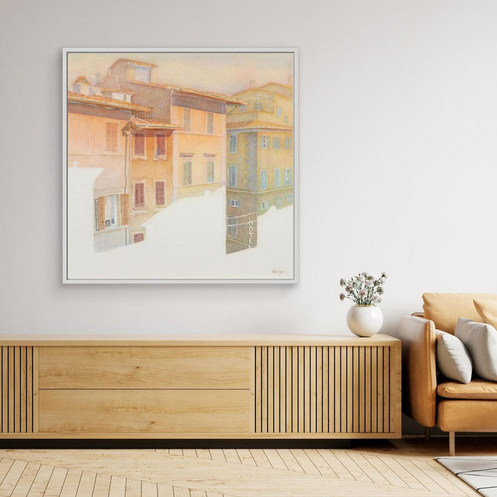 "Morning Light in Florence" Charming European Sunrise Watercolor Art Print - Large Format Canvas Framed Options