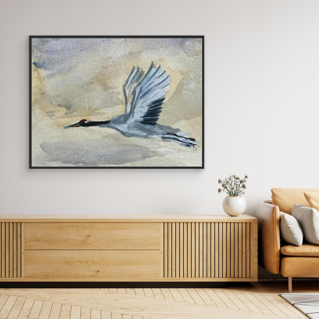 Great Blue Heron in Flight Watercolor Wall Art Decor - Canvas Framed Options