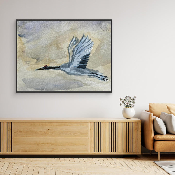 Great Blue Heron in Flight Watercolor Wall Art Decor - Canvas Framed Options