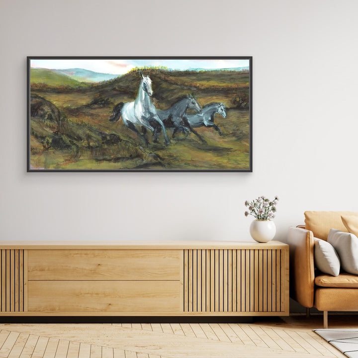Three Horses Galloping Through Lush Fields Watercolor
