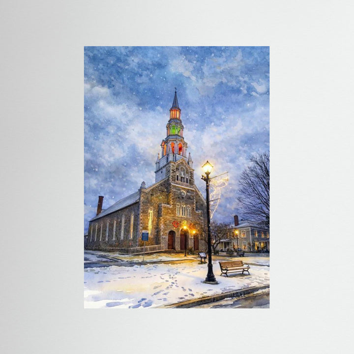 Festive Church in Winter's Embrace by Studio Shefford - Photo Art Composition landscape painting print for home decor