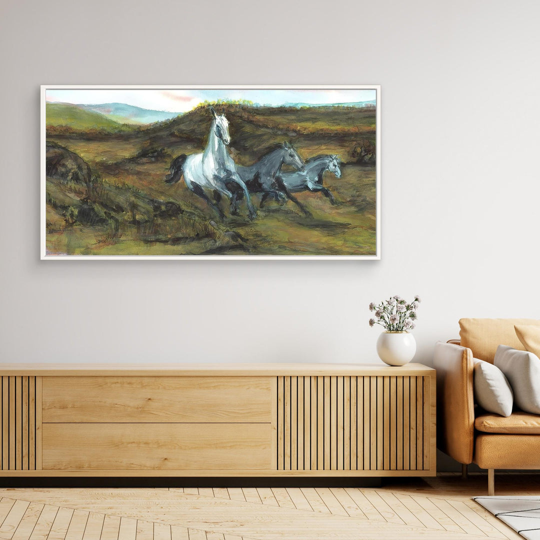 Three Horses Galloping Through Lush Fields Watercolor