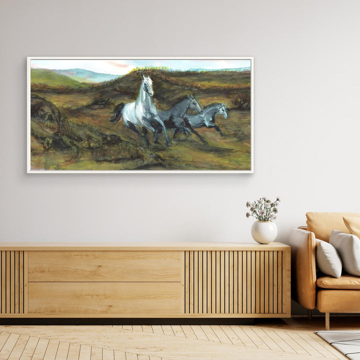 Three Horses Galloping Through Lush Fields Watercolor